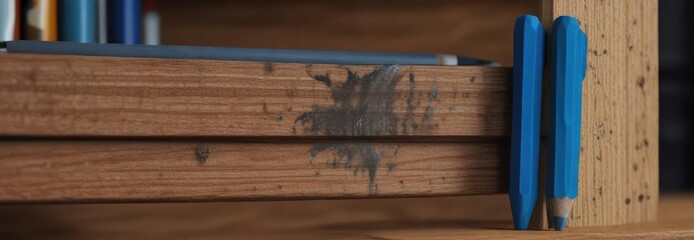 Shavings of graphite surround a blue pencil that leans against a wooden bookshelf, bookshelf, writing tools, paper crafts