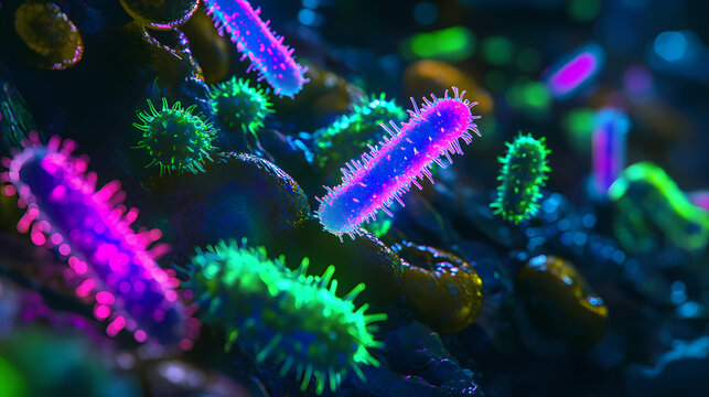 Microscopic view, mutated bacteria, bioluminescent glow, dark futuristic background, scientific visualization. Bioluminescent Lifeforms. Illustration