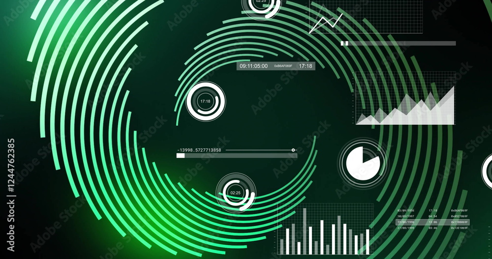 Poster green circular patterns and data charts, futuristic image of data processing