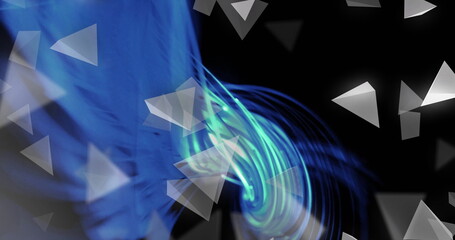 Abstract blue and green light trails with floating triangles image