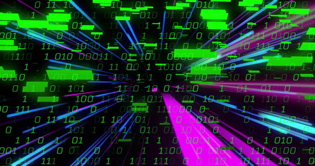 Binary code and data stream image over colorful light streaks