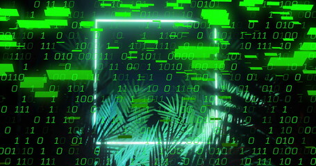 Binary code and green digital elements over tropical plants in image