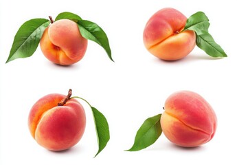 Four Nectarines: A vibrant collection of four ripe nectarines, each showcasing their luscious texture and color, presented with fresh green leaves for an appetizing still life. 