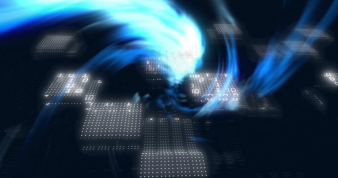 Binary code and data processing image over swirling blue light effects - Powered by Adobe