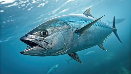 Side view of bluefin tuna with sharp teeth and strong jaw, finned fish, seafood, bluefin tuna, fish anatomy