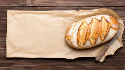 Gordijnen Artisan sourdough bread on wooden table, baking paper, knife. Food blog, recipe © BROPRADANA