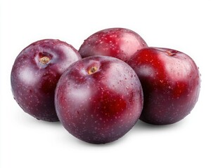 Fototapeta premium Plump & Juicy Red Plums: A cluster of four luscious red plums, their skin glistening with dew drops, promise a burst of sweet, summery flavor. 