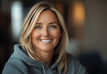 Radiant Smile: A portrait of a beautiful woman with bright blue eyes and blonde hair, radiating a genuine smile and a youthful glow, showcasing confidence and happiness. 
