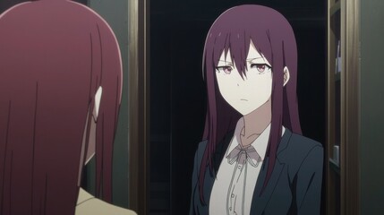 Young woman with long hair in a business outfit standing in hallway