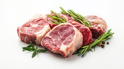 Fototapeta premium Lamb Chops with Rosemary: Close-up of juicy, raw lamb chops, garnished with sprigs of fragrant rosemary and black peppercorns, ready for grilling.