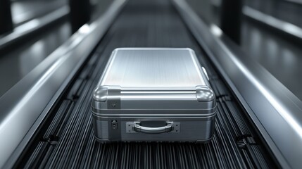 Metallic Suitcase on Airport Baggage Carousel