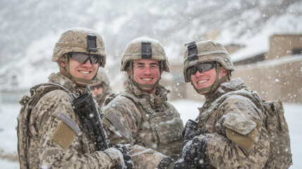 Fototapeta premium Smiling soldiers in snowy mountains clad in camouflage gear and helmets amidst falling snowflakes