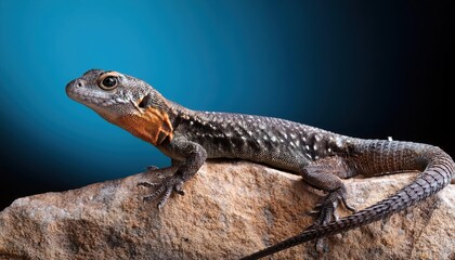 Fototapeta premium Vibrant Sharpsnouted Rock Lizard Dalmatolacerta oxycephala Basking on a Sunlit Rock in a Mediterranean Landscape