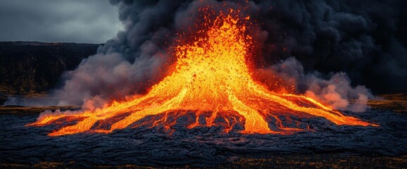 Fiery Volcanic Eruption with Molten Lava and Dark Smoke