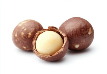 Macadamia Nuts Close Up:  Three macadamia nuts, two whole and one cracked open revealing the creamy white kernel, arranged against a clean backdrop.  The image showcases the rich.