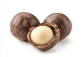 Macadamia Nuts:  A close-up of three macadamia nuts, showcasing the smooth, hard outer shell and the creamy, edible kernel inside. The nuts are arranged in a visually appealing way.