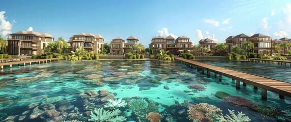 Tranquil coastal resort town master plan. Elegant villas boast ocean views. Wooden boardwalks lead to vibrant coral reefs visible beneath crystal-clear waters.  A serene escape.