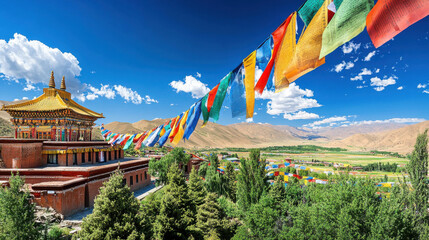 Colorful tibetan prayer flags fluttering in blue sky near traditional monastery in mountain landscape with green trees and vast valley