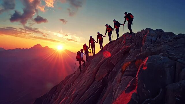 Dramatic mountain sunrise hike with team climbing steep rocky terrain