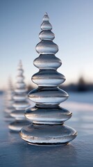 Fototapeta premium A series of glass-like ice sculptures resembling conical trees against a clear sky.