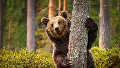 Fototapeta premium Majestic Brown Bear in Upright Position, Standing Tall amidst Forest Greenery at Dusk, Displaying the Power and Grace of Ursus Arctos, Captured on .