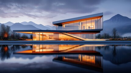 Fototapeta premium Modern house by the lake future living in ultramodern real estate