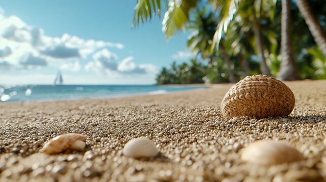 A serene beach scene featuring shells on sandy shores with palm trees and a distant sailboat.