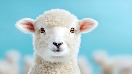 Cute lamb portrait, farm, blue background, spring