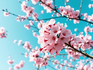 Fototapeta premium Soft pink petals unfurl from branches amidst a vibrant explosion of spring cherry blossoms against a brilliant turquoise sky, springtime landscape, nature photography, spring cherry blossoms