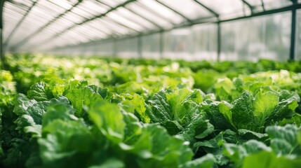 A row of green plants are growing in a greenhouse