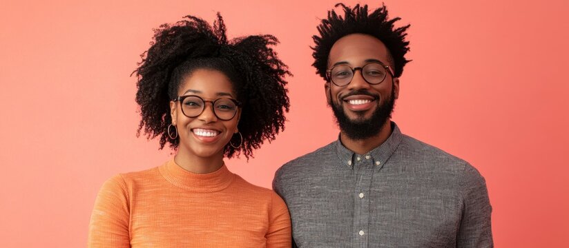 Smiling African American Couple Podcasting on Peach, Radiating Joy.