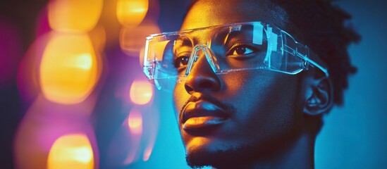 Focused Afro Man in Futuristic Glasses Analyzing Nano Tech