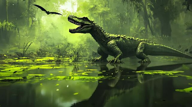 Majestic dinosaur emerges from a vibrant green swamp in a prehistoric landscape at dawn