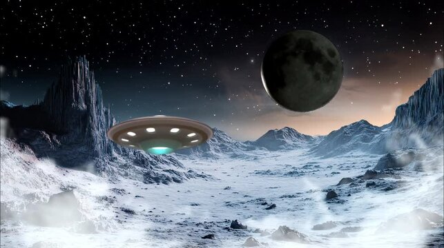 Alien spacecraft hovering over a snowy extraterrestrial landscape under a full moon and starry sky. Sci-fi concept. Seamless looping time lapse 4k video animation background
