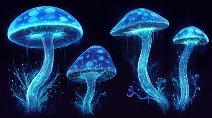 Obraz premium Bioluminescent fungi glowing in the dark. Bioluminescent Lifeforms. Illustration