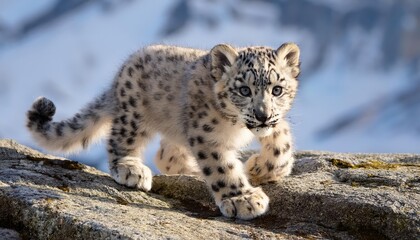 Fototapeta premium Adorable Snow Leopard Cub Exploring Rocky Terrain under a Blanket of Fresh Snow, Showcasing Wild Grace and Frosty Surroundings.
