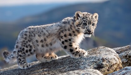 Adorable Snow Leopard Cub Exploring Rocky Terrain Against a Winter Backdrop, Showcasing Playful Energy and Bold Coat Patterns on a Frosty Morn