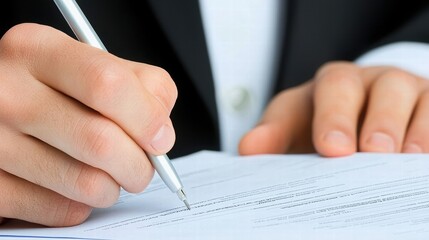 Business Professional Signing Document with Pen on Table