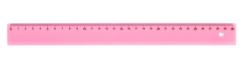 Pink ruler plastic transparent isolated on white background, with clipping path, top