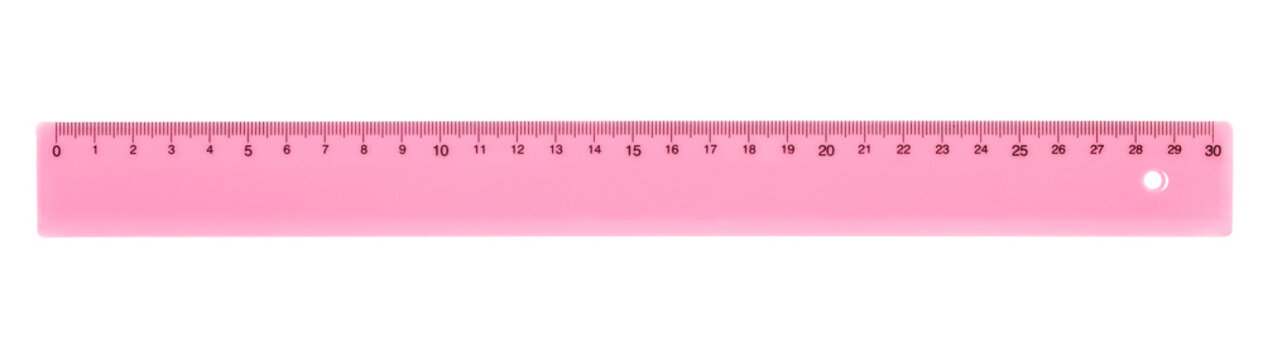 Pink ruler plastic transparent isolated on white background, with clipping path, top