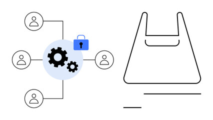 Gears and network connections emphasize teamwork and security, while a shopping bag suggests e-commerce. Ideal for collaboration, security, online shopping, teamwork, connectivity, retail, digital