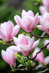 Obraz premium A close-up of pink magnolia flowers blooming against a blurred green background.