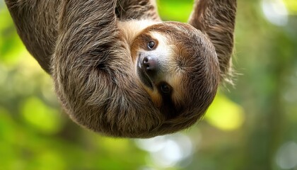 Adorable Baby Sloth Hanging with Three Limbs in a Tropical Rainforest Canopy, Showcasing Its Cute Fur and Expressive Eyes Amidst the Lush Greenery
