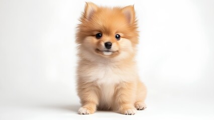 Obraz premium Fluffy Pomeranian Puppy Sitting on a White Background – Cute Pet Portrait