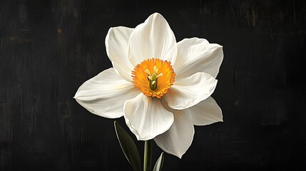Delicate white bloom with a vivid yellow center, set against a stark black backdrop, creating a striking contrast ideal for botanical themes.