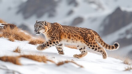 Obraz premium Snow Leopard Hunting Mountain Winter Wildlife