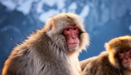 Naklejka premium Playful Snow Monkeys Amidst a Winter Wonderland in Nagano, Japan Charming Macaques Frolicking and Interacting with Visitors in a Serene SnowCovered Landscape