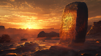 Ancient stone inscriptions reveal sunset's secrets in mysterious landscape. Forgotten Languages & Glyphs. Illustration