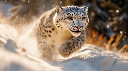 Fototapeta premium Snow Leopard Running Snowy Mountain Sunset