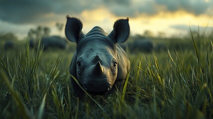 Close Up of a Baby Rhino in the Savannah on a Cloudy Day at Sunset